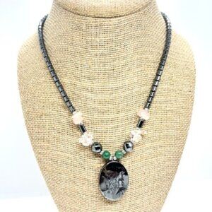 Carved Hematite Lady Cameo Necklace Quartz Jadeite Beaded Vintage Floral
